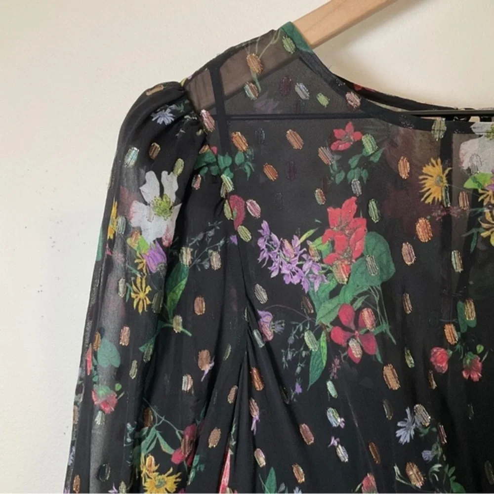 AMUR Sabine Drape Dress | Front Slit | Black | Floral | Sheer | Size 10 - Picture 11 of 16